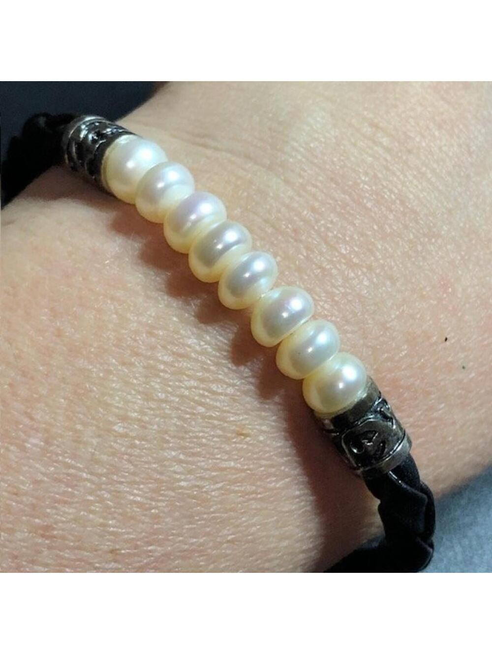 B4083 HONORA Braided Leather Sterling Silver Freshwater Pearl Bracelet 7"